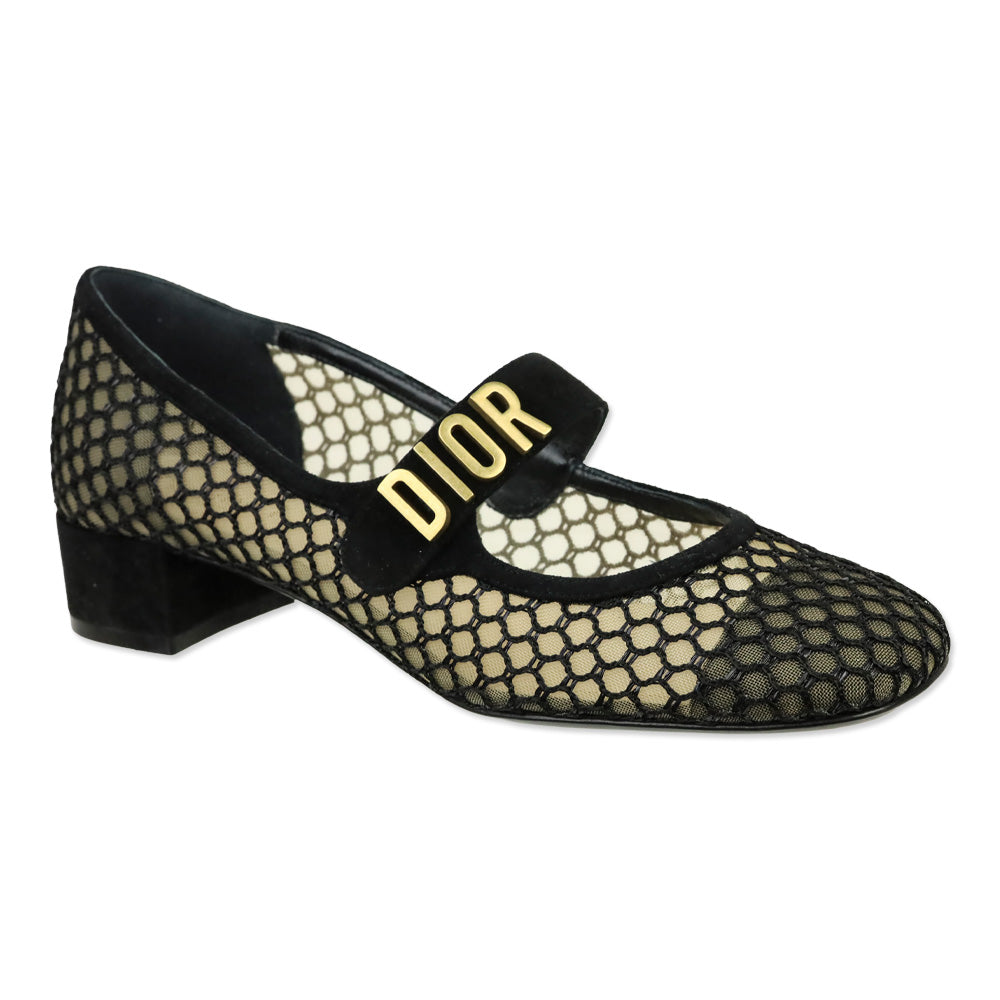 Christian Dior Black Suede & Résille Baby-D Mary Jane Pumps
