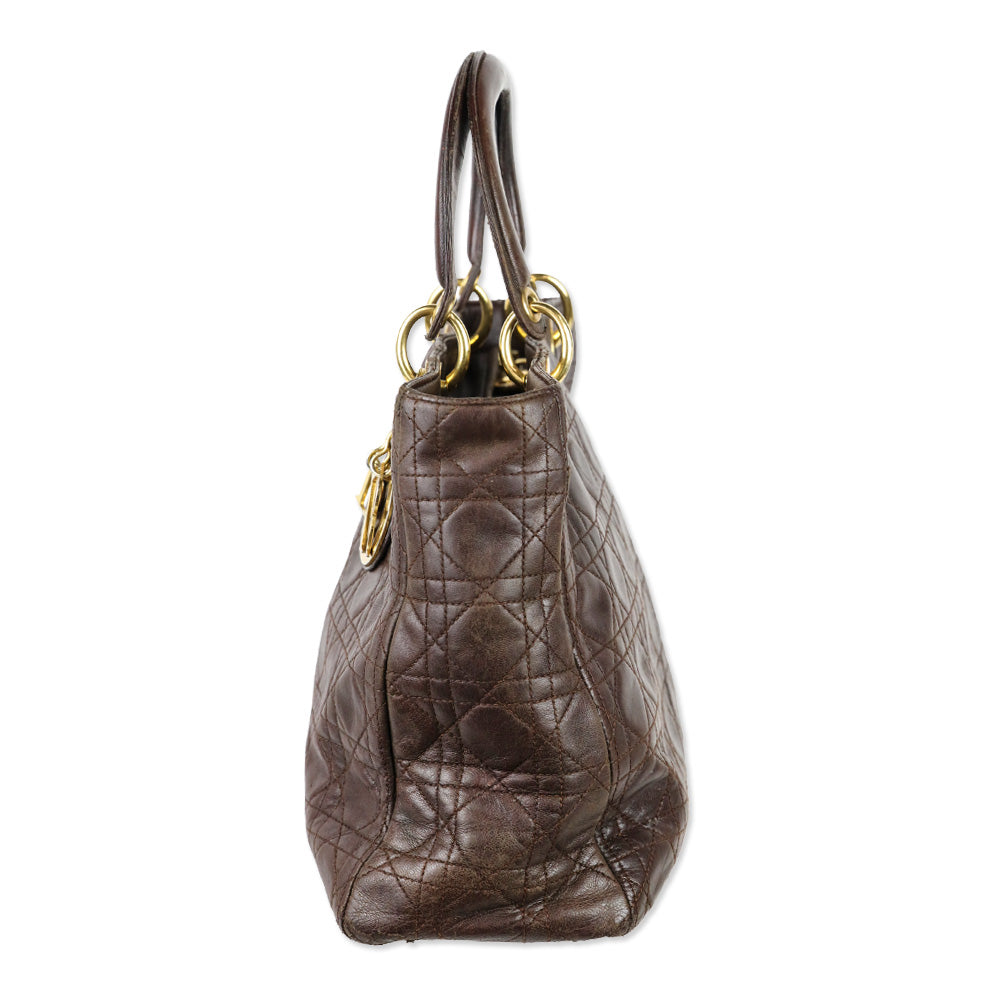 Christian Dior Brown Cannage Quilted Lambskin Leather Large Lady Dior Bag
