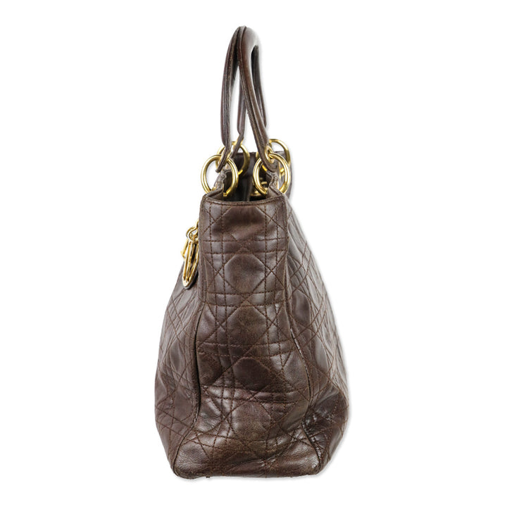 Christian Dior Brown Cannage Quilted Lambskin Leather Large Lady Dior Bag