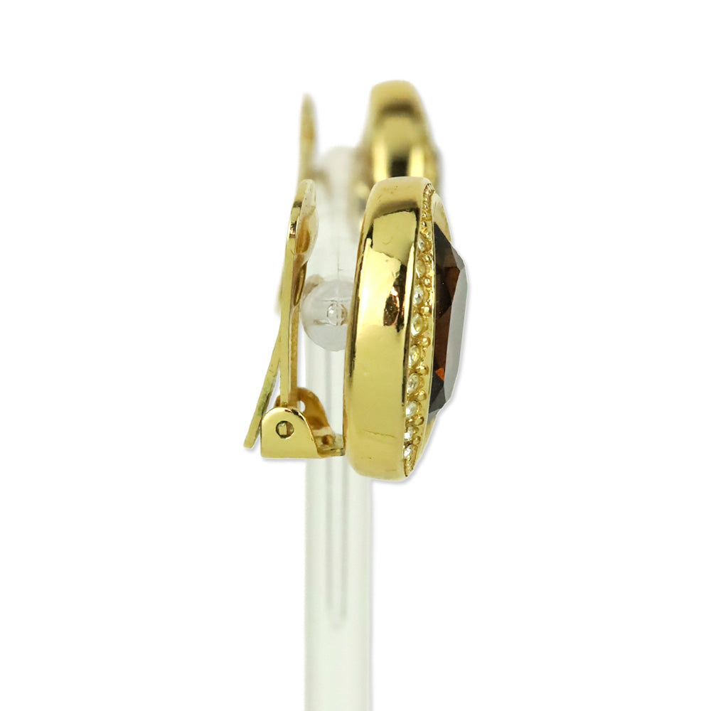 Christian Dior Brown Crystal Rhinestone Gold-Tone Clip-On Earrings