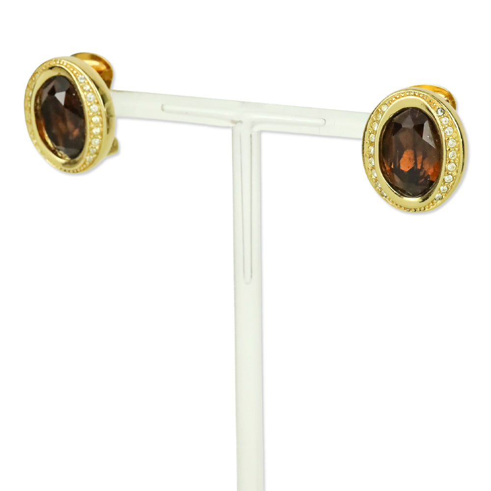 Christian Dior Brown Crystal Rhinestone Gold-Tone Clip-On Earrings