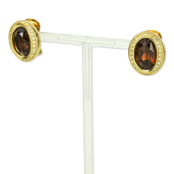 Christian Dior Brown Crystal Rhinestone Gold-Tone Clip-On Earrings