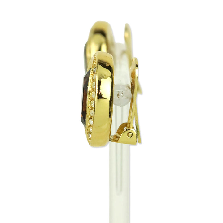 Christian Dior Brown Crystal Rhinestone Gold-Tone Clip-On Earrings