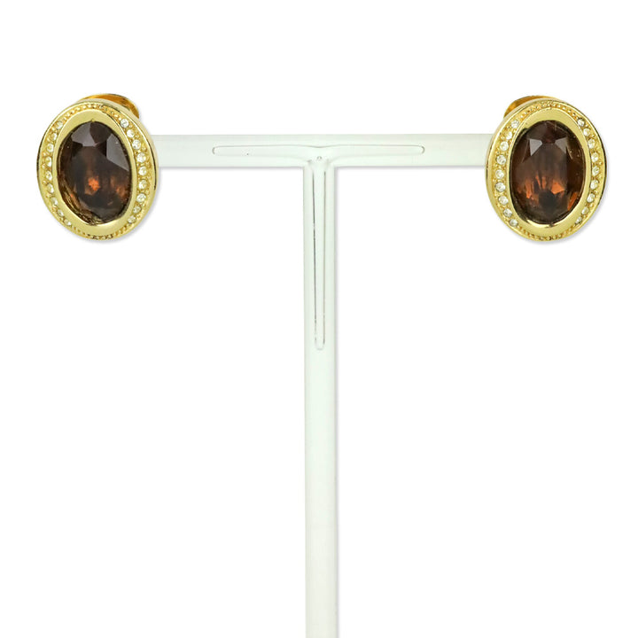 Christian Dior Brown Crystal Rhinestone Gold-Tone Clip-On Earrings