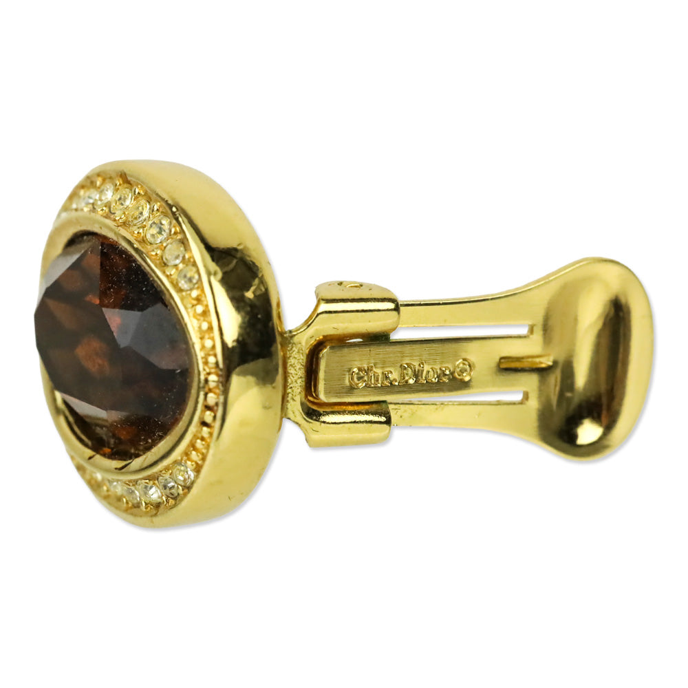 Christian Dior Brown Crystal Rhinestone Gold-Tone Clip-On Earrings