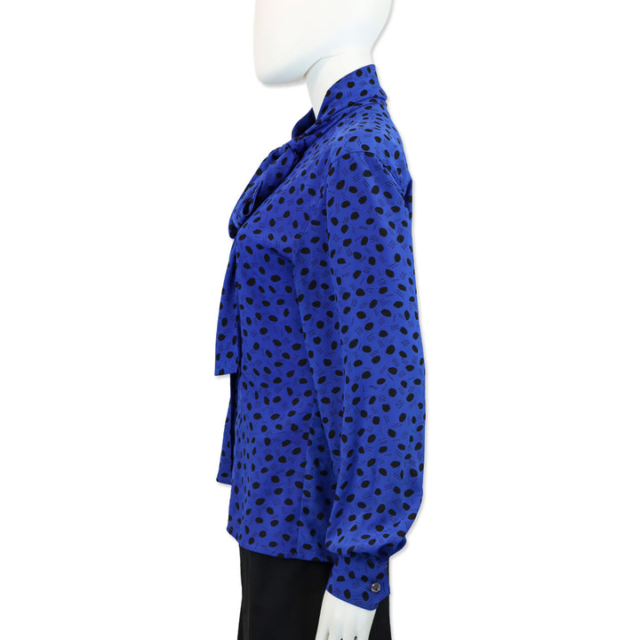 Christian Dior Chemises Blue/Black Polka Dot Bow Neck Button Up Blouse