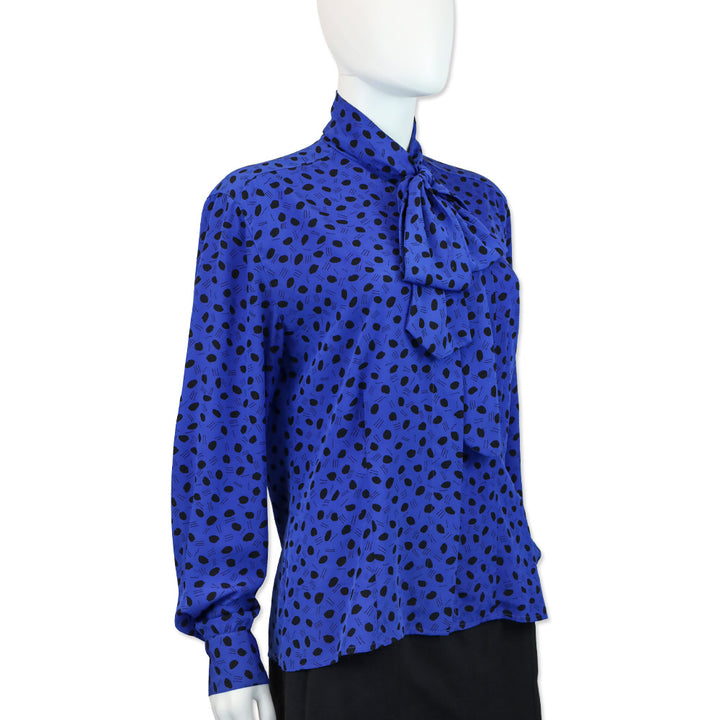 Christian Dior Chemises Blue/Black Polka Dot Bow Neck Button Up Blouse