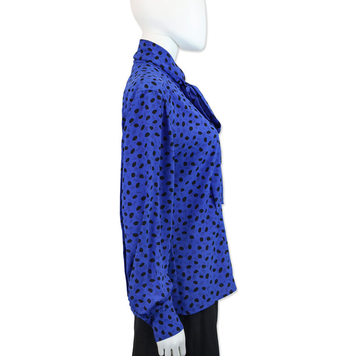 Christian Dior Chemises Blue/Black Polka Dot Bow Neck Button Up Blouse