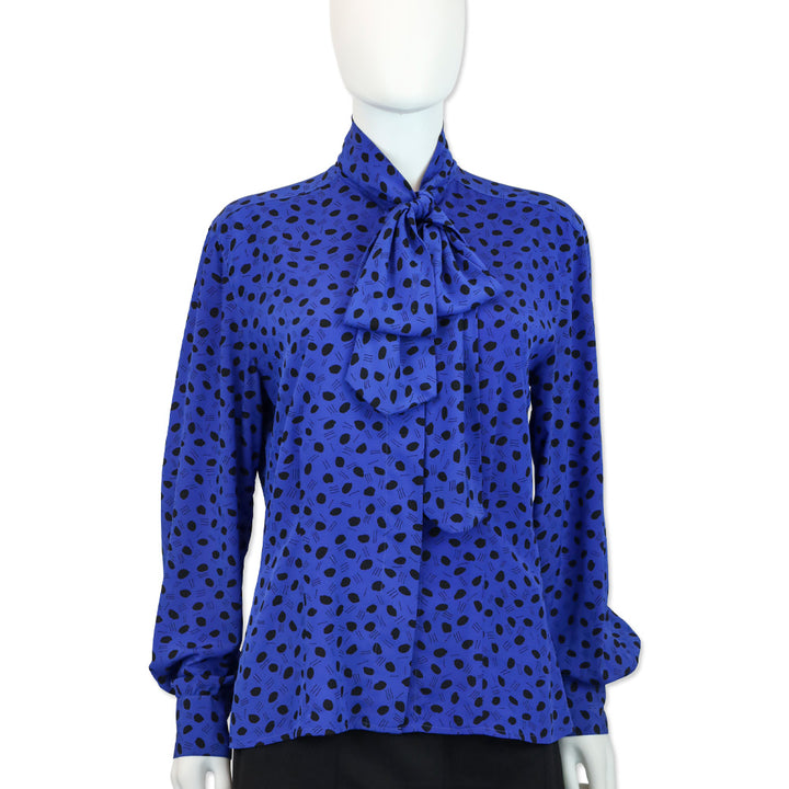 Christian Dior Chemises Blue/Black Polka Dot Bow Neck Button Up Blouse