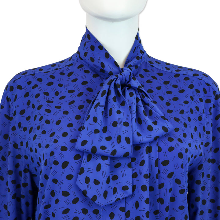 Christian Dior Chemises Blue/Black Polka Dot Bow Neck Button Up Blouse