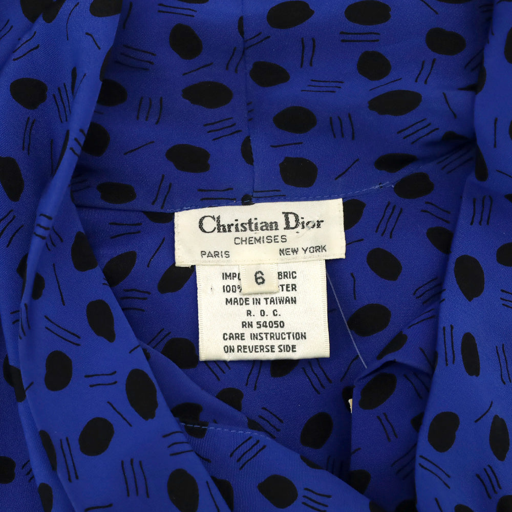 Christian Dior Chemises Blue/Black Polka Dot Bow Neck Button Up Blouse