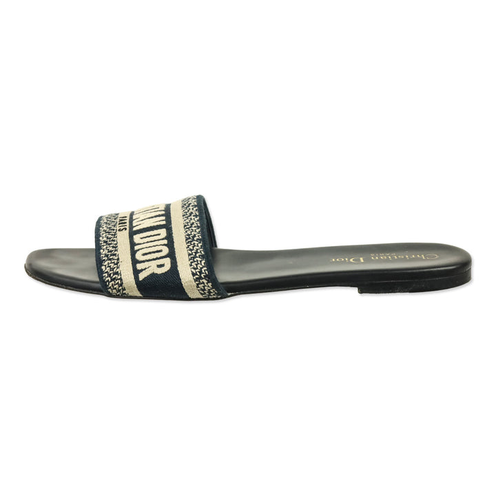 Christian Dior Deep Blue Embroidered Cotton Dway Slide