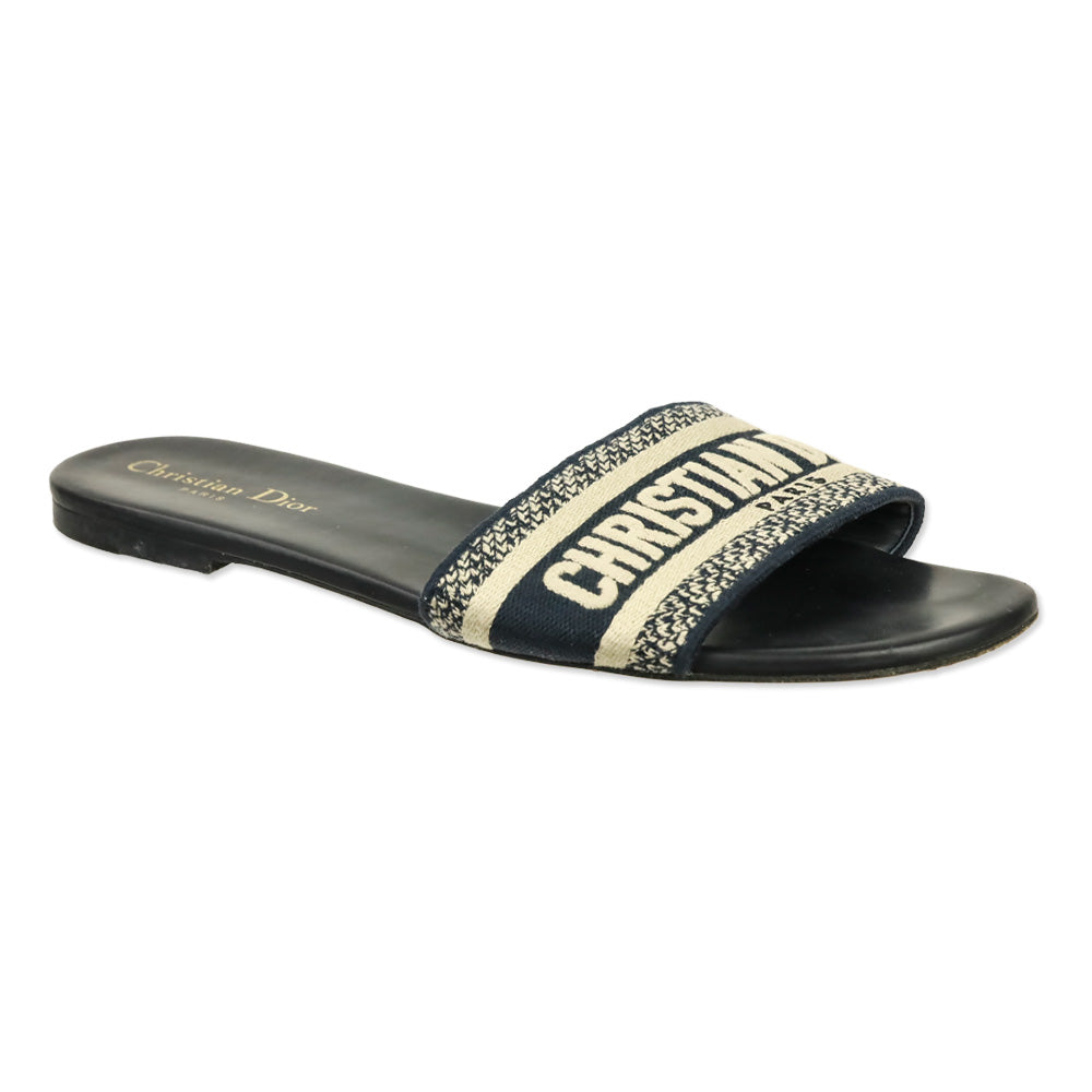 Christian Dior Deep Blue Embroidered Cotton Dway Slide