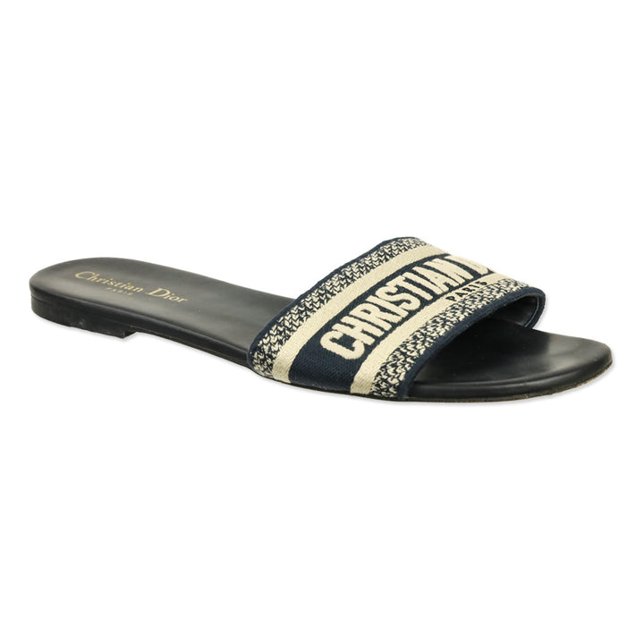 Christian Dior Deep Blue Embroidered Cotton Dway Slide