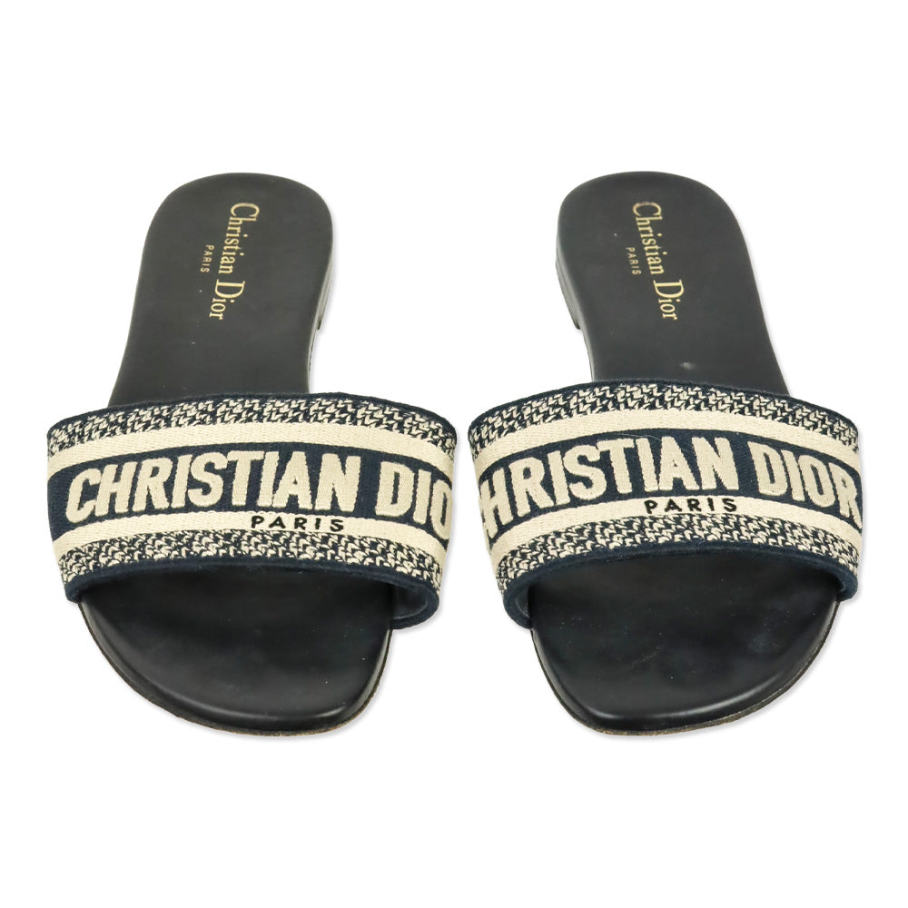 Christian Dior Deep Blue Embroidered Cotton Dway Slide