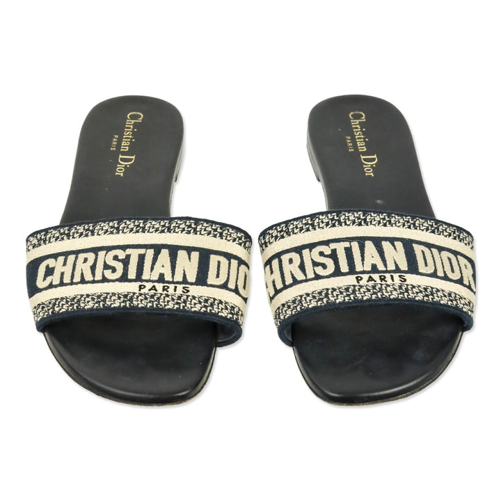 Christian Dior Deep Blue Embroidered Cotton Dway Slide