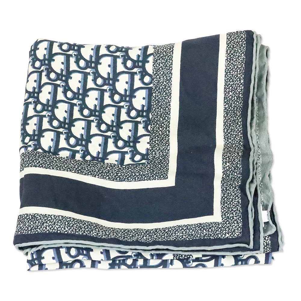 Christian Dior Gray and Navy Blue Silk Twill Dior Oblique Diortwin 90 Square Scarf