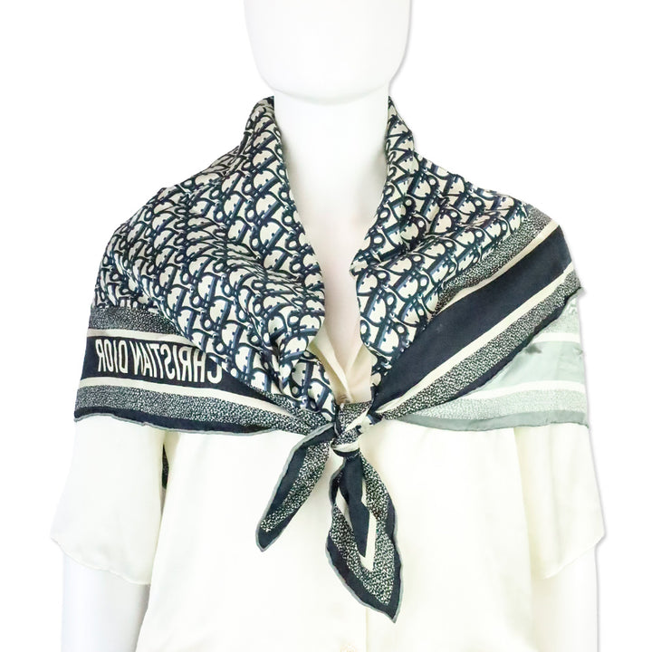 Christian Dior Gray and Navy Blue Silk Twill Dior Oblique Diortwin 90 Square Scarf