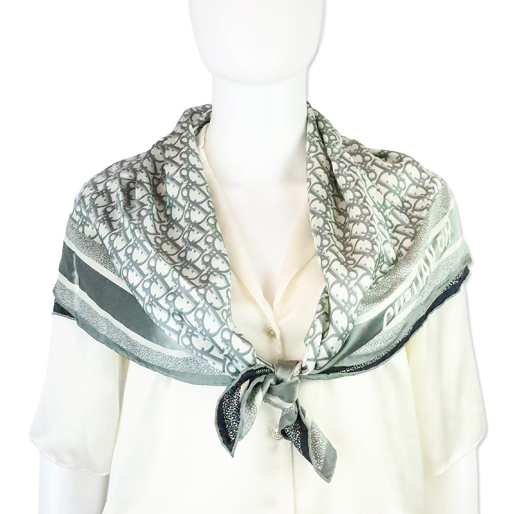 Christian Dior Gray and Navy Blue Silk Twill Dior Oblique Diortwin 90 Square Scarf