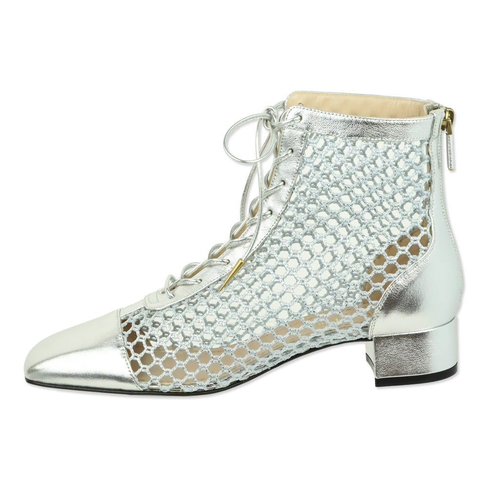 Christian Dior Naughtily-D Silver Resille & Laminated Mesh Heeled Ankle Boot