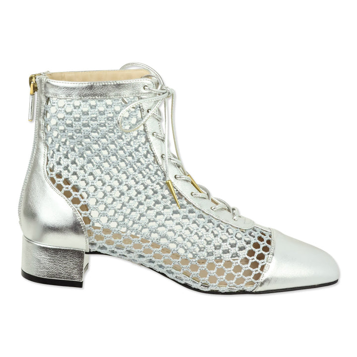 Christian Dior Naughtily-D Silver Resille & Laminated Mesh Heeled Ankle Boot