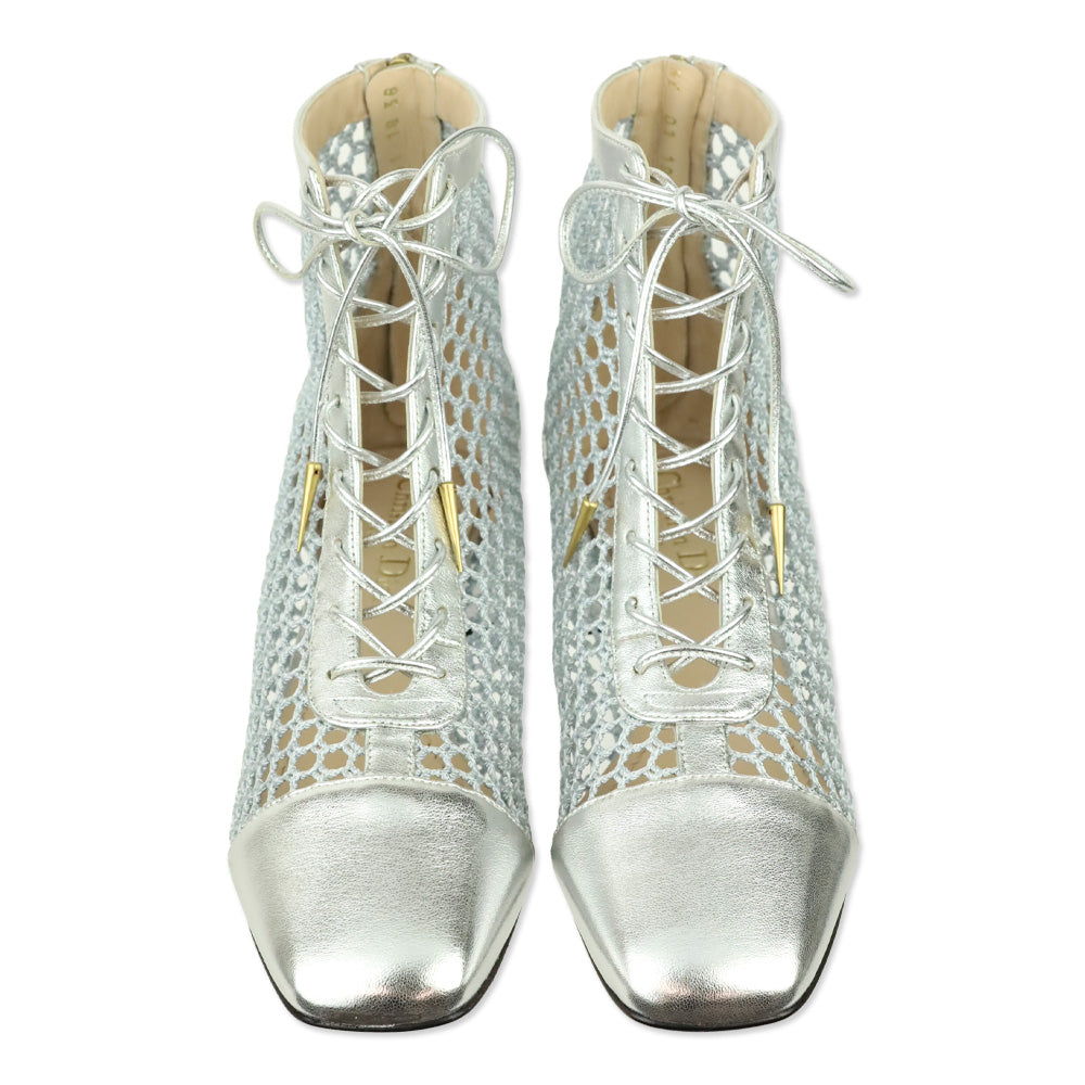 Christian Dior Naughtily-D Silver Resille & Laminated Mesh Heeled Ankle Boot