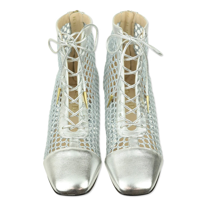 Christian Dior Naughtily-D Silver Resille & Laminated Mesh Heeled Ankle Boot