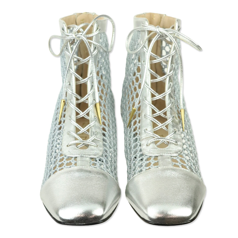 Christian Dior Naughtily-D Silver Resille & Laminated Mesh Heeled Ankle Boot