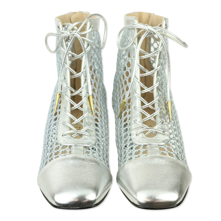 Christian Dior Naughtily-D Silver Resille & Laminated Mesh Heeled Ankle Boot