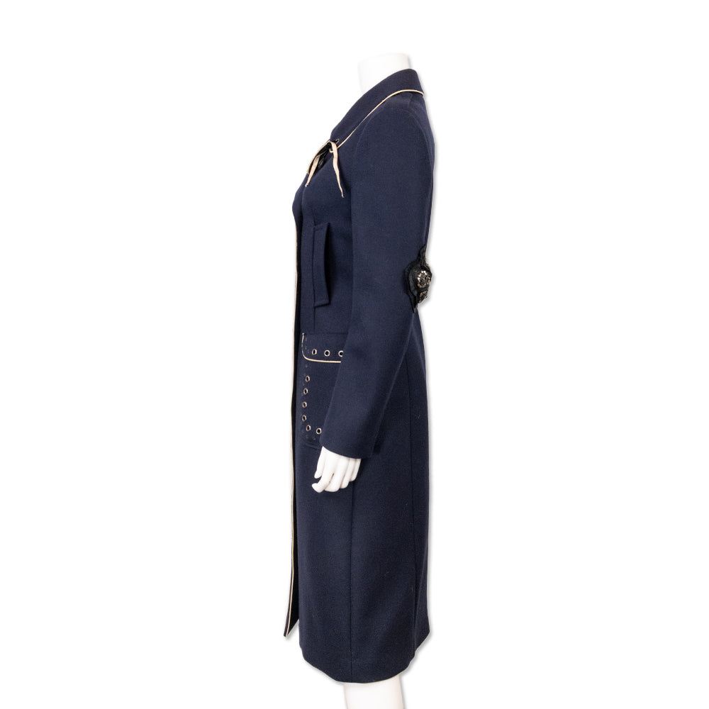 Prada 2004 Runway Navy Embroidered Trench Coat