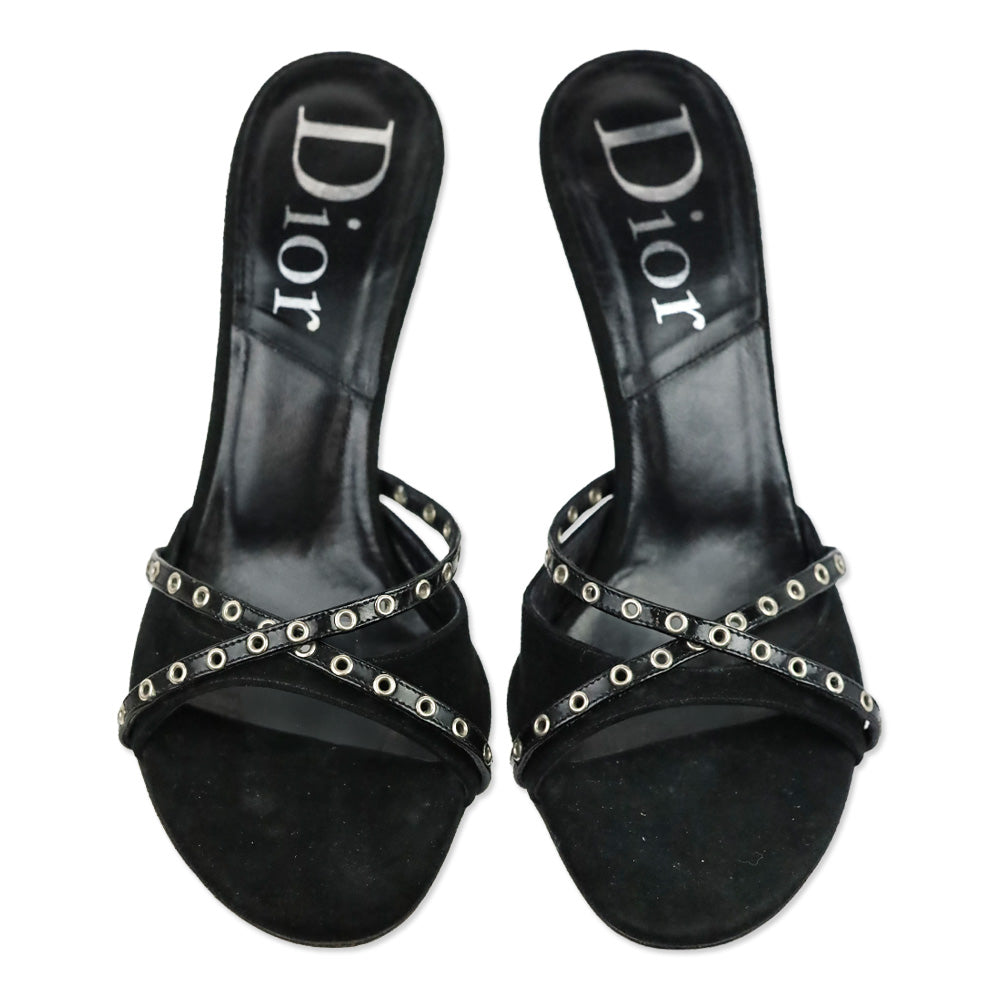 Christian Dior by John Galliano Black Suede Eyelet Mule Sandals