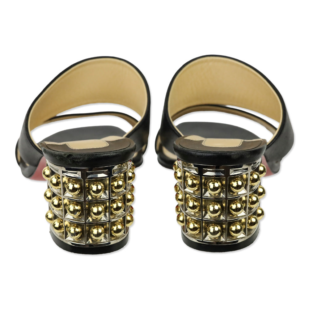 Christian Louboutin Black Nappa Leather Gold Studded Vasa Heel Opticat 55 Sandals