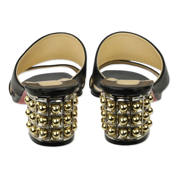Christian Louboutin Black Nappa Leather Gold Studded Vasa Heel Opticat 55 Sandals