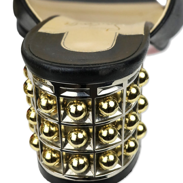 Christian Louboutin Black Nappa Leather Gold Studded Vasa Heel Opticat 55 Sandals