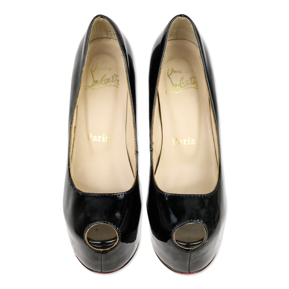 Christian Louboutin Black Patent Leather Platform Peep Toe Highness 160 Pumps