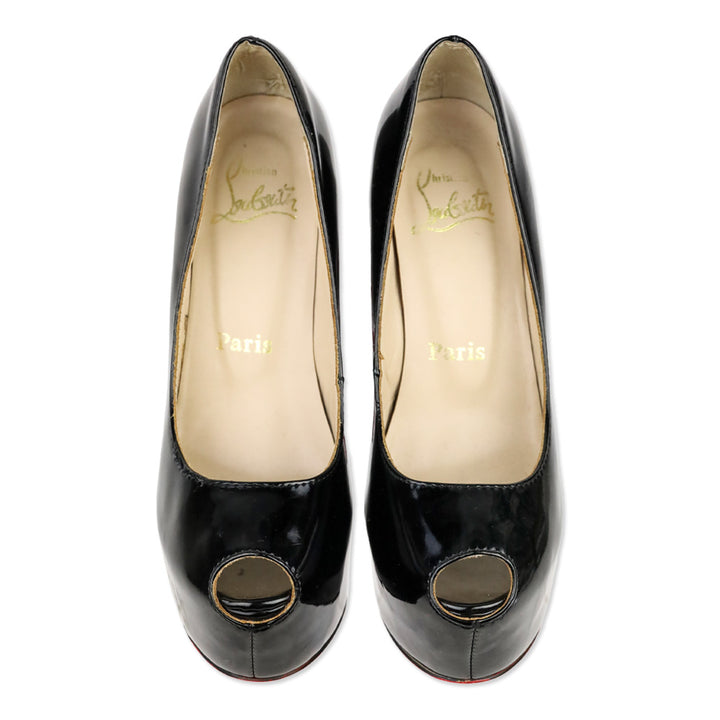 Christian Louboutin Black Patent Leather Platform Peep Toe Highness 160 Pumps