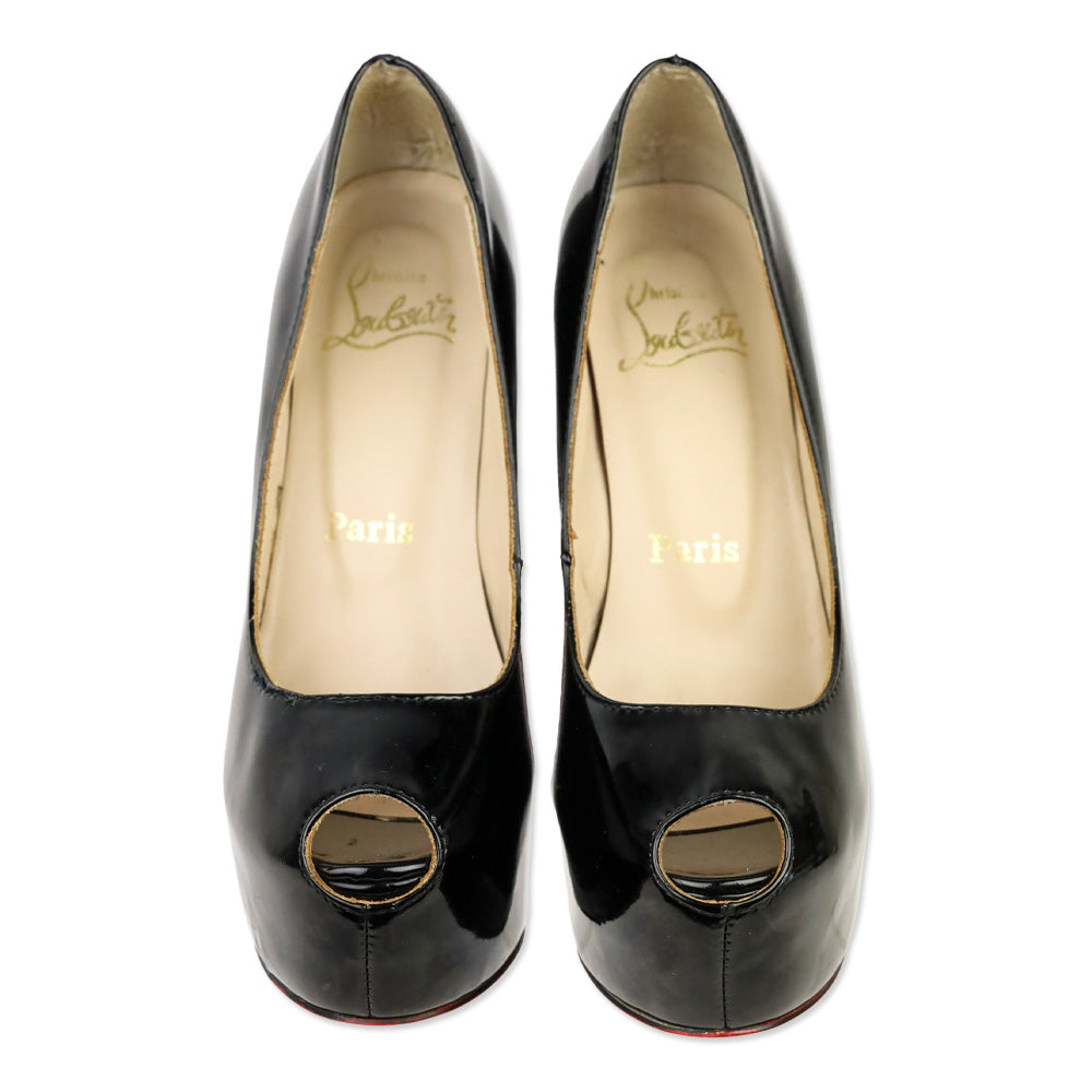 Christian Louboutin Black Patent Leather Platform Peep Toe Highness 160 Pumps
