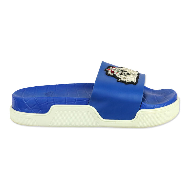 Christian Louboutin Blue Pool Beau Embroidered Crest Flat Slide Sandals