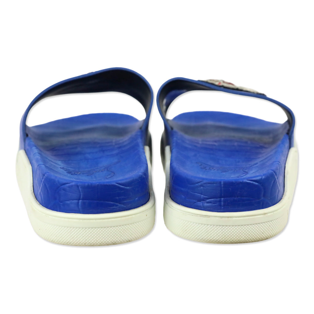 Christian Louboutin Blue Pool Beau Embroidered Crest Flat Slide Sandals