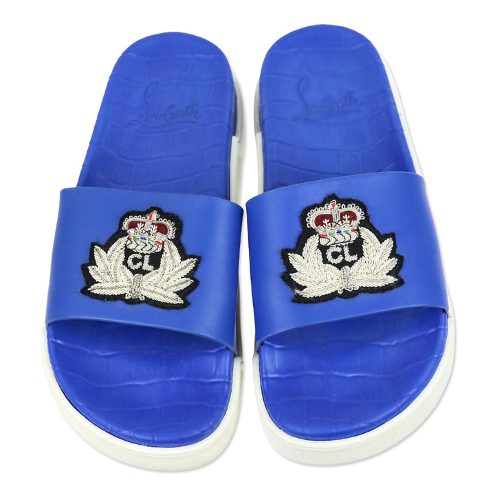 Christian Louboutin Blue Pool Beau Embroidered Crest Flat Slide Sandals