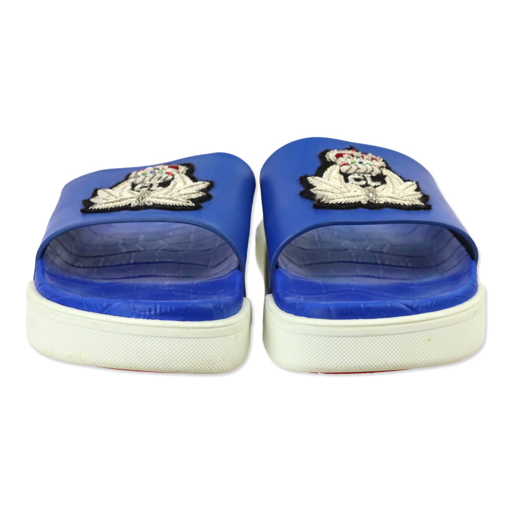 Christian Louboutin Blue Pool Beau Embroidered Crest Flat Slide Sandals