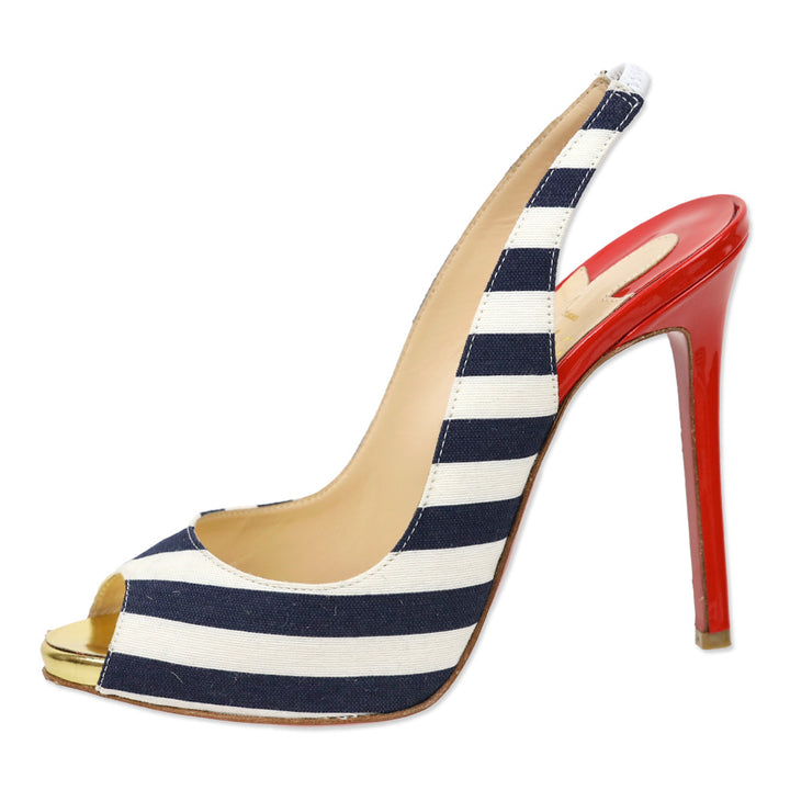Christian Louboutin Blue/White Stripe Canvas Peep Sling Pumps