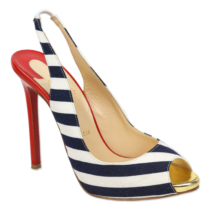 Christian Louboutin Blue/White Stripe Canvas Peep Sling Pumps