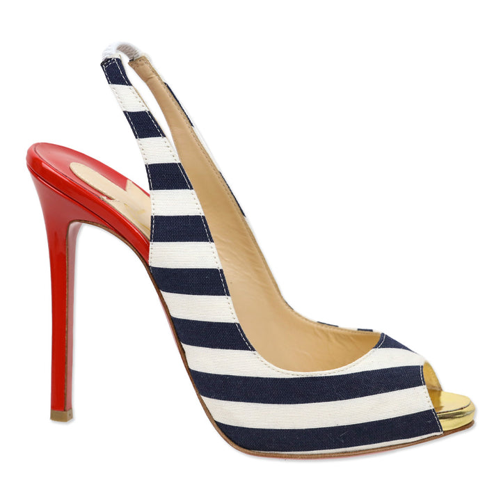 Christian Louboutin Blue/White Stripe Canvas Peep Sling Pumps