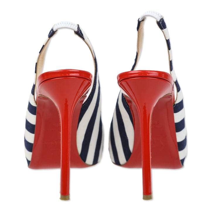 Christian Louboutin Blue/White Stripe Canvas Peep Sling Pumps