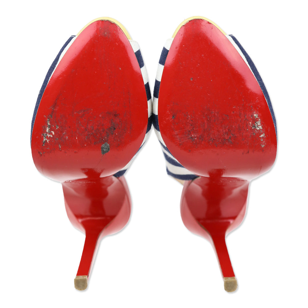 Christian Louboutin Blue/White Stripe Canvas Peep Sling Pumps