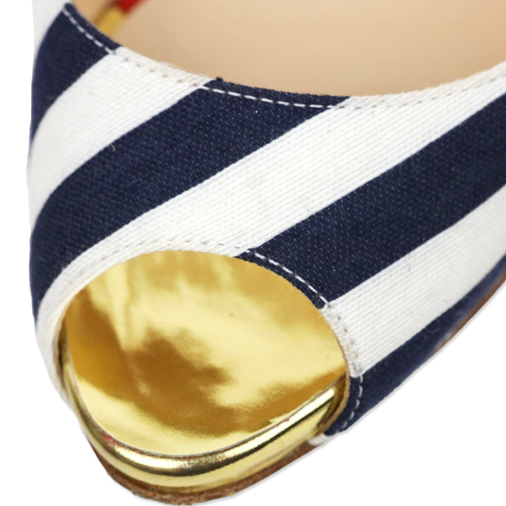 Christian Louboutin Blue/White Stripe Canvas Peep Sling Pumps