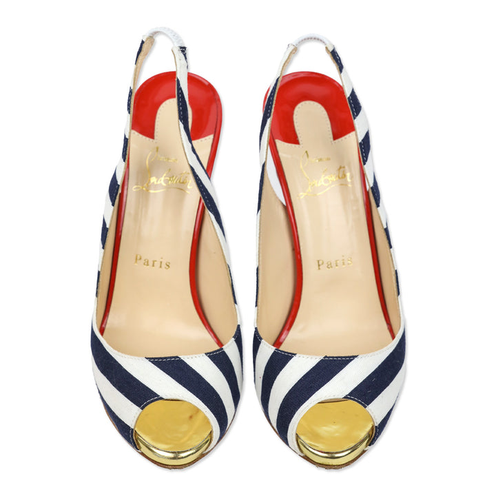 Christian Louboutin Blue/White Stripe Canvas Peep Sling Pumps