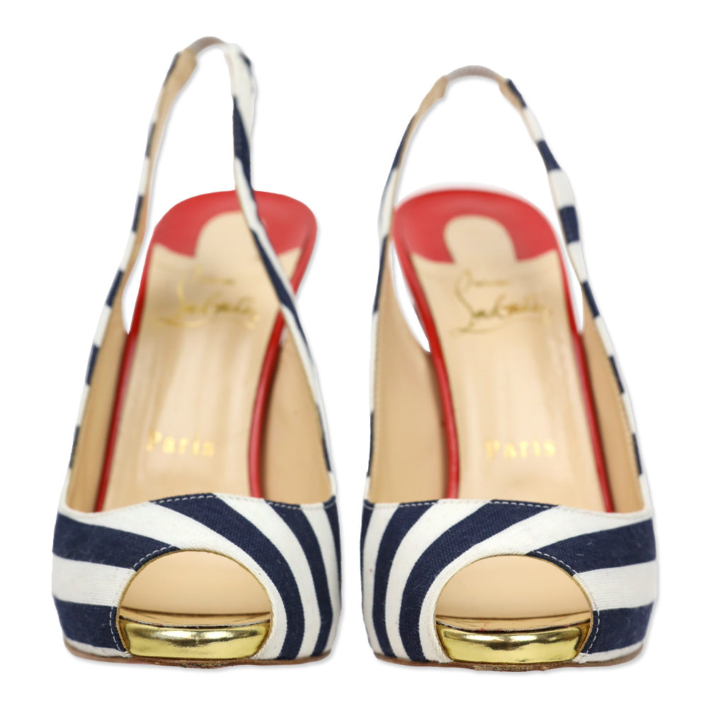 Christian Louboutin Blue/White Stripe Canvas Peep Sling Pumps