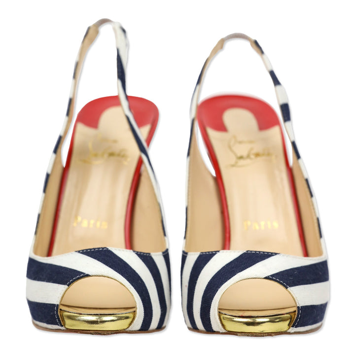 Christian Louboutin Blue/White Stripe Canvas Peep Sling Pumps